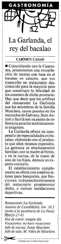 Not�cia publicada al diari LA VANGUARDIA sobre les receptes de bacall� del restaurant 'La Garlanda' de Gav� Mar (2 Abril 1999)